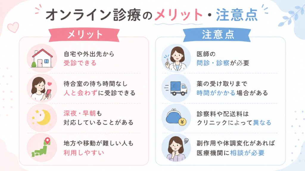 オンライン診療のメリットと注意点を比較したインフォグラフィック。自宅から受診できることや待ち時間が少ない点などのメリットと、医師の診察が必要であることや薬の受け取りに時間がかかる場合があるなどの注意点を、イラスト付きでわかりやすく紹介