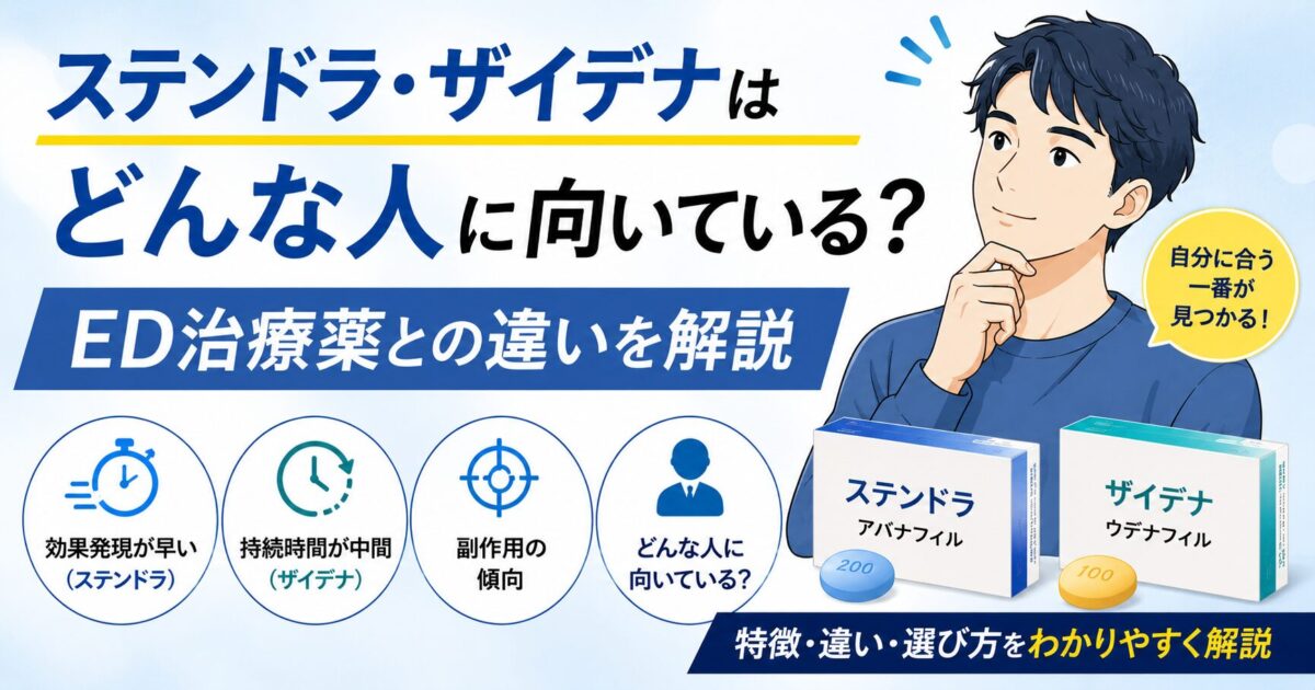 ステンドラ・ザイデナはどんな人に向いているかを解説したサムネイル画像。イラストの男性とステンドラ・ザイデナのパッケージ、効果発現の速さや作用時間、副作用の特徴などを比較し、ED治療薬との違いの解説