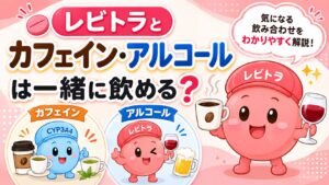 レビトラとカフェイン・アルコールの飲み合わせをテーマにした医療コラム用サムネイル。コーヒーやお酒を持ったかわいいレビトラのキャラクターを中心に、「レビトラとカフェイン・アルコールは一緒に飲める？」というタイトルを大きく配置。カフェインとアルコールのアイコンや親しみやすいイラストで、飲み合わせの注意点をわかりやすく伝えるデザイン。