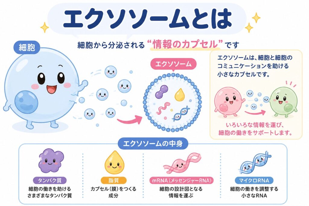 「エクソソームとは」をテーマにした医療コラム向けの図解イラスト。青い細胞のキャラクターが小さなエクソソームを放出し、細胞同士へ情報を届ける様子をイラストで表現している。中央にはエクソソームの内部構造を拡大して、タンパク質・脂質・mRNA・マイクロRNAが含まれることを紹介。下部では、それぞれの成分の役割をかわいいキャラクター付きでわかりやすく解説し、「エクソソームは細胞から分泌される情報のカプセル」という特徴を視覚的に説明している。