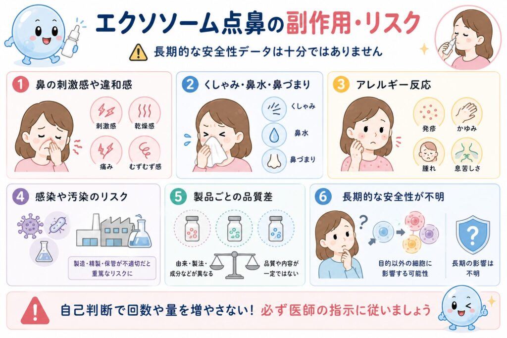 エクソソーム点鼻の主な副作用とリスクを、かわいいイラストでわかりやすくまとめた医療コラム向けの図解。鼻の刺激感や違和感、くしゃみ・鼻水・鼻づまり、アレルギー反応、感染や汚染のリスク、製品ごとの品質差、長期的な安全性が十分に確立されていないことを、イラストとアイコンを使って紹介している。下部では、自己判断で使用回数や量を増やさず、必ず医師の指示に従って使用することが大切であると注意喚起している。