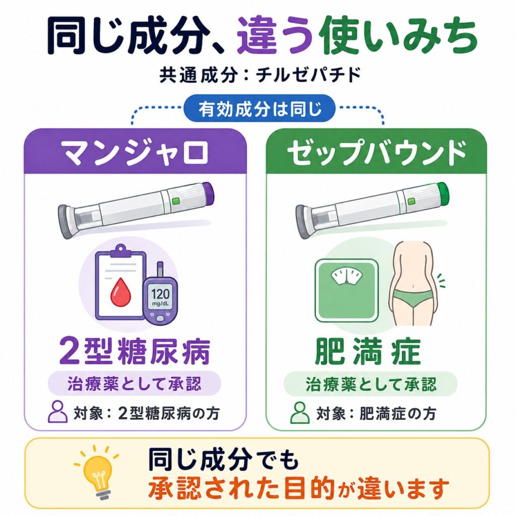 ゼップバウンドとマンジャロは有効成分は同じだが、使い道が違うという解説を分かりやすくイラストでまとめたもの