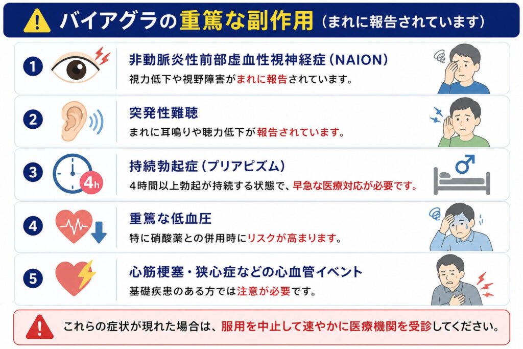 バイアグラで注意すべき重篤な副作用をまとめた医療インフォグラフィック。視力低下や視野障害(NAION)、突発性難聴、4時間以上勃起が続く持続勃起症(プリアピズム)、重篤な低血圧、心筋梗塞・狭心症などの心血管イベントについて、イラスト付きでわかりやすく解説している。これらの症状が現れた場合は服用を中止し、速やかに医療機関を受診するよう注意を促している。