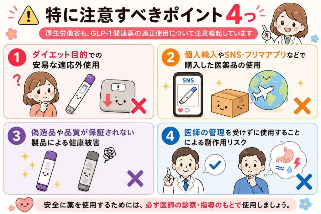 厚生労働省が注意喚起しているGLP-1関連薬の使用上の注意点を4つにまとめたイラスト。ダイエット目的での適応外使用、個人輸入やSNS・フリマアプリで購入した医薬品の使用、偽造品・品質が保証されない製品による健康被害、医師の管理を受けずに使用することによる副作用リスクを、シンプルなイラストとアイコンでわかりやすく紹介している。安全に使用するためには、医師の診察・指導のもとで使用することが重要であることを示している。