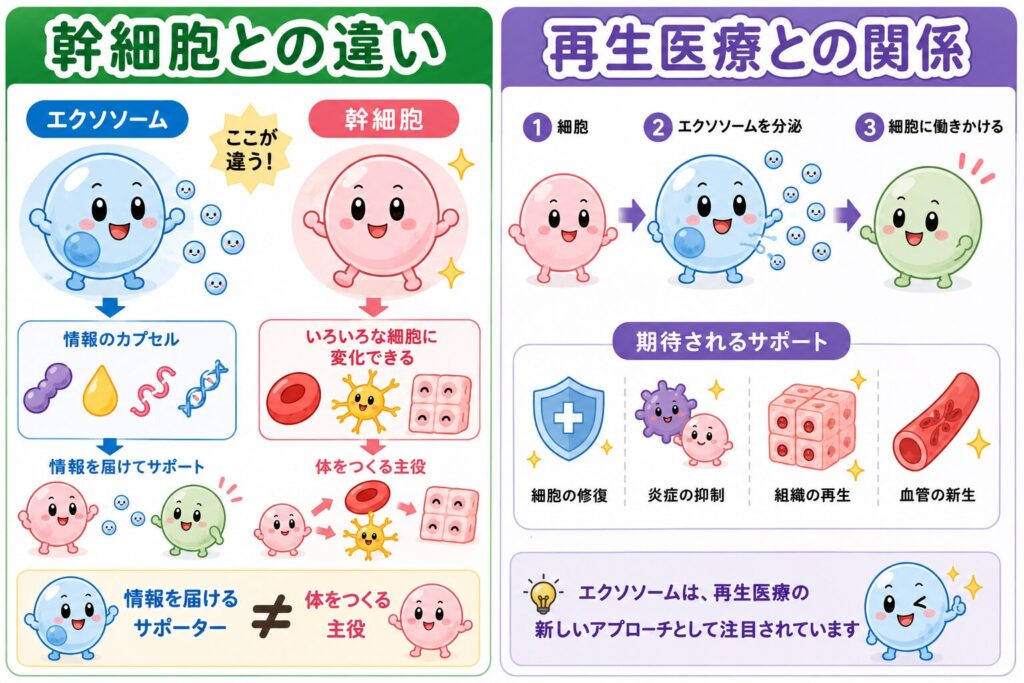 「幹細胞との違い」と「再生医療との関係」をかわいい細胞キャラクターでわかりやすく解説した図解。左側では、エクソソームは「情報のカプセル」として細胞へ情報を届ける役割、幹細胞はさまざまな細胞に変化して体をつくる役割があることをイラストで比較している。右側では、細胞から放出されたエクソソームがほかの細胞へ働きかける流れを示し、細胞の修復、炎症の抑制、組織の再生、血管の新生など再生医療分野で研究が進められていることをイラスト中心で紹介している。なお、エクソソームを用いた治療は現時点では研究段階であり、効果や安全性は十分に確立されていないことも示している。