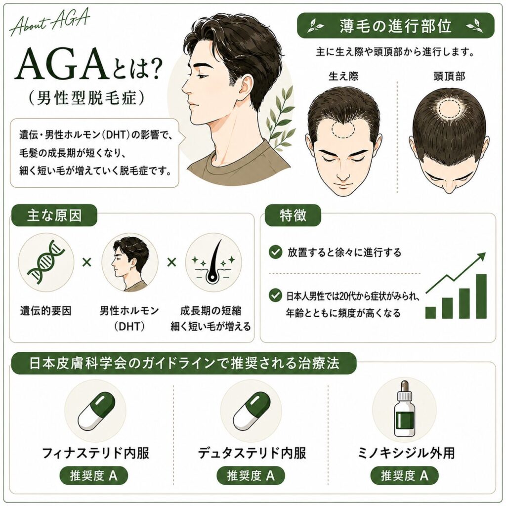 AGA（男性型脱毛症）の原因や特徴、主な治療法をまとめた図解。遺伝やDHTの影響で毛髪の成長期が短くなり、生え際や頭頂部を中心に薄毛が徐々に進行することをイラストで示し、治療法としてフィナステリド、デュタステリド、ミノキシジルを紹介している。