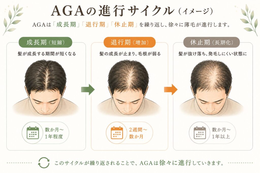 AGAによる毛周期の変化を示した図解。成長期が短くなり、毛髪が細く短いまま抜けやすくなることで、毛周期を繰り返すたびに頭頂部の薄毛が徐々に進行する様子をイラストで示している。
