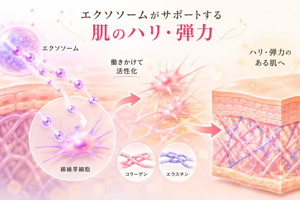 エクソソームが線維芽細胞に働きかけ、コラーゲンやエラスチンの生成をサポートすることで、肌のハリや弾力への効果が期待される仕組みを細胞イラストで示した図。