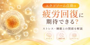 エクソソーム点鼻と疲労回復の可能性について、ストレス・睡眠との関係を解説する医療コラムのイメージ。