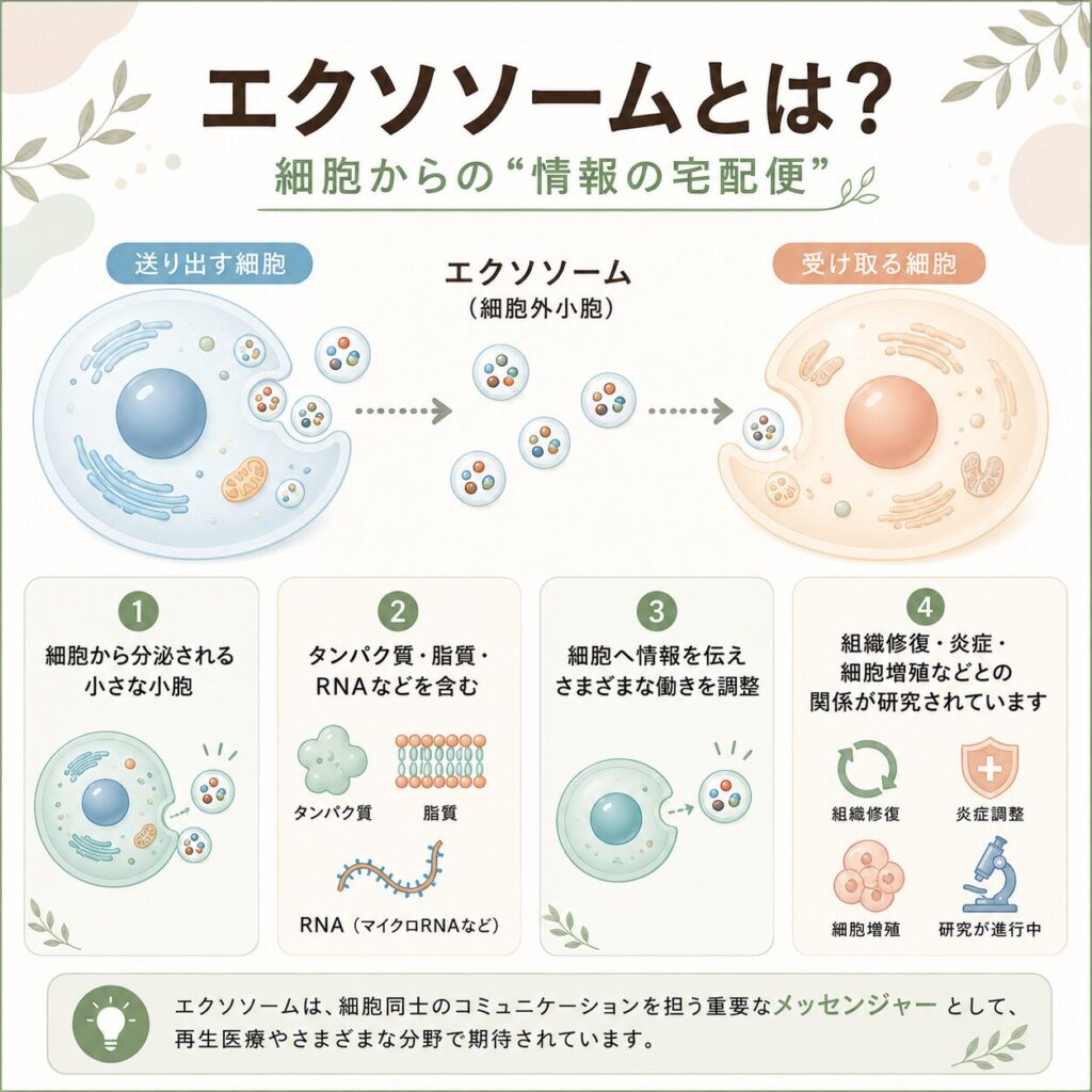 エクソソームの仕組みや特徴をまとめた図解。エクソソームは細胞から分泌される細胞外小胞の一種で、タンパク質・脂質・RNAなどを含み、細胞間の情報伝達に関わることを示している。また、組織修復や炎症反応、細胞増殖との関係が研究されている一方、由来する細胞や製造方法によって成分や性質が異なることを紹介している。