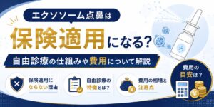 「エクソソーム点鼻は保険適用になる？」をテーマに、自由診療の仕組みや費用について解説する医療コラムのサムネイル。点鼻容器や費用をイメージしたイラストとともに、保険適用外となる理由や自由診療の特徴、費用の目安・注意点を紹介する内容を表現している。