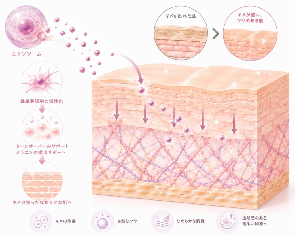 エクソソームが線維芽細胞に働きかけ、コラーゲンやエラスチンの生成をサポートすることで、年齢とともに変化する肌のハリ・弾力・うるおい・キメなどを整える可能性を示したイラスト。