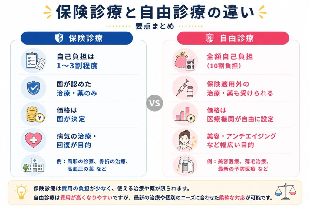 保険診療と自由診療の違いを比較した図。保険診療は公的医療保険が適用され、自己負担割合は年齢や所得などによって異なります。一方、自由診療は公的医療保険が適用されず全額自己負担となり、料金は医療機関ごとに設定されることなどをイラスト付きで紹介している。
