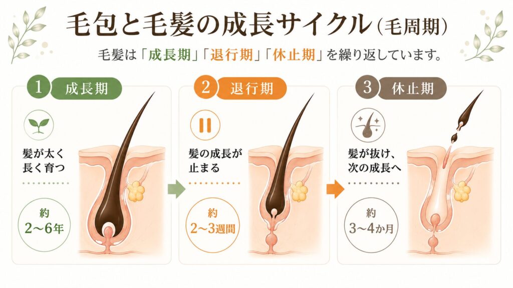 毛髪の毛周期を示した図解。毛髪は、太く長く伸びる「成長期」、成長が止まる「退行期」、古い毛が抜けて次の毛が生える準備をする「休止期」を繰り返している。