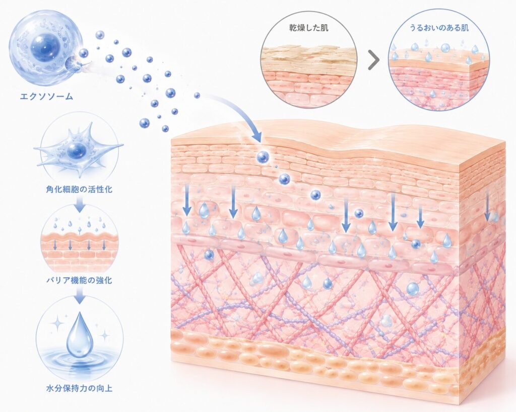 エクソソームが角化細胞や肌のバリア機能に働きかけ、水分保持をサポートすることで、乾燥を防ぎうるおいのある肌へ導く可能性を示したイラスト。