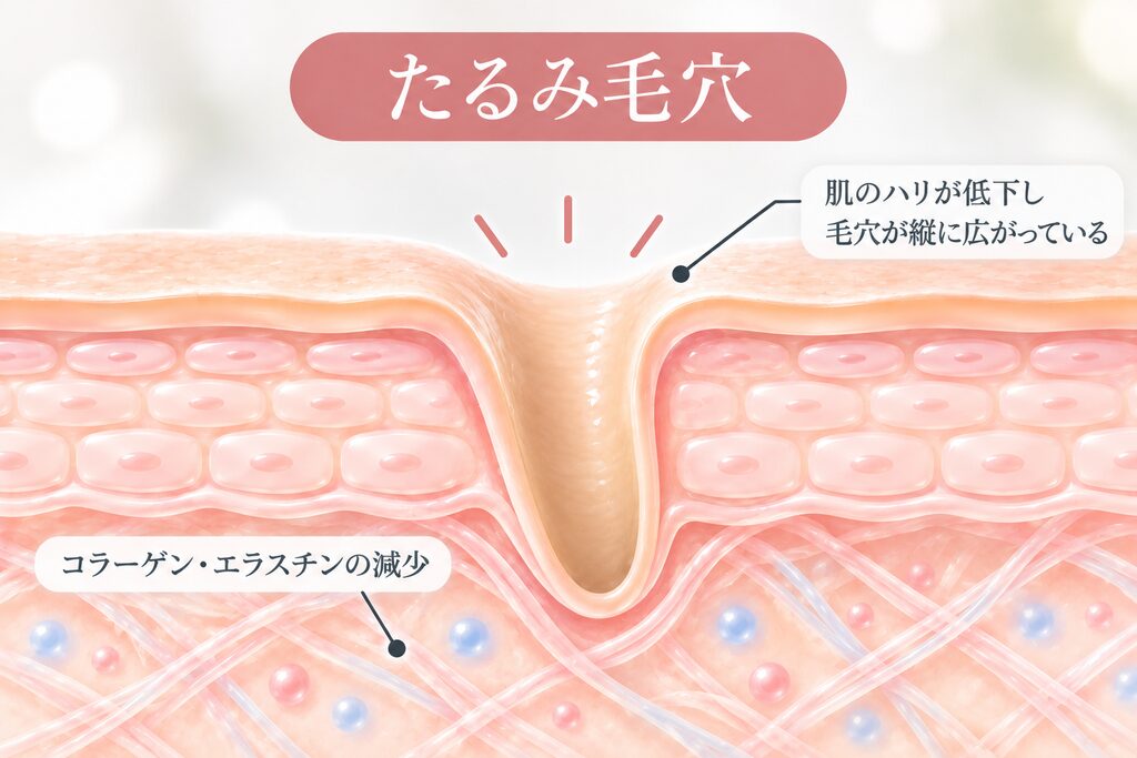 たるみ毛穴の状態を肌の断面図で示したシンプルなイラスト。肌の弾力が低下し、毛穴が縦長に広がって目立っている様子を表現している。