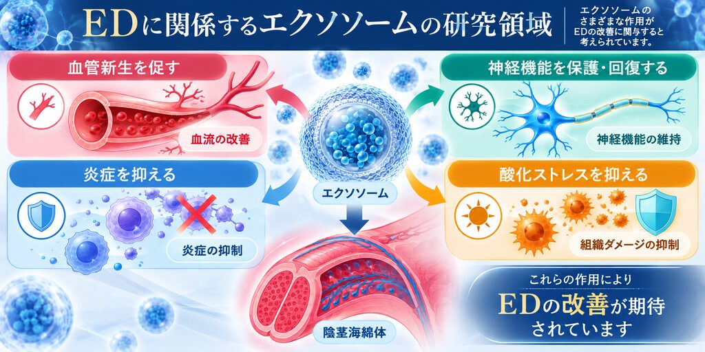 EDに関係するエクソソームの研究領域を示したイメージ図。エクソソームが血管新生、神経機能の保護・回復、炎症の抑制、酸化ストレスの抑制などに関与する可能性を示している。