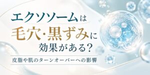 エクソソームと毛穴・黒ずみの関係をイメージした美容医療のバナー。透明なエクソソームをイメージした球体を背景に、「皮脂や肌のターンオーバーへの影響」について示している。