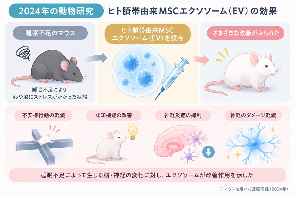 2024年の動物研究をもとに、睡眠不足のマウスにヒト臍帯由来MSCエクソソームを投与した結果、神経炎症の抑制や不安様行動・認知機能などに改善がみられたことを示すイラスト。