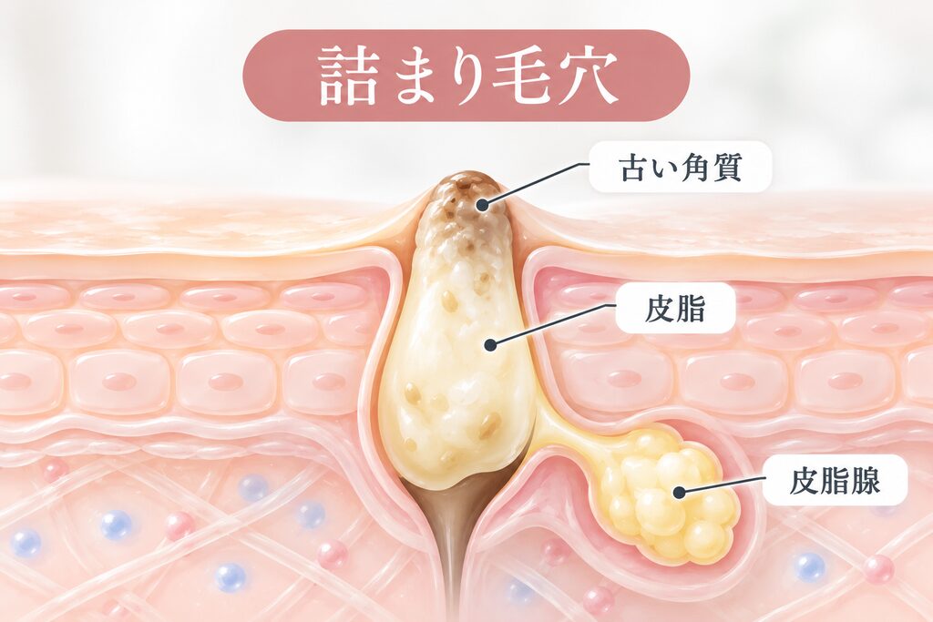 詰まり毛穴の状態を肌の断面図で示したシンプルなイラスト。毛穴に皮脂や古い角質がたまり、角栓ができて毛穴をふさいでいる様子を表現している。