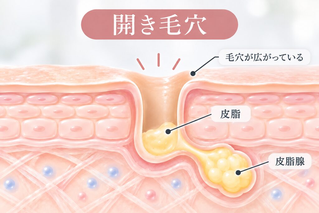 開き毛穴の状態を肌の断面図で示したシンプルなイラスト。毛穴が通常より大きく開き、皮脂が分泌されている様子を表現している。