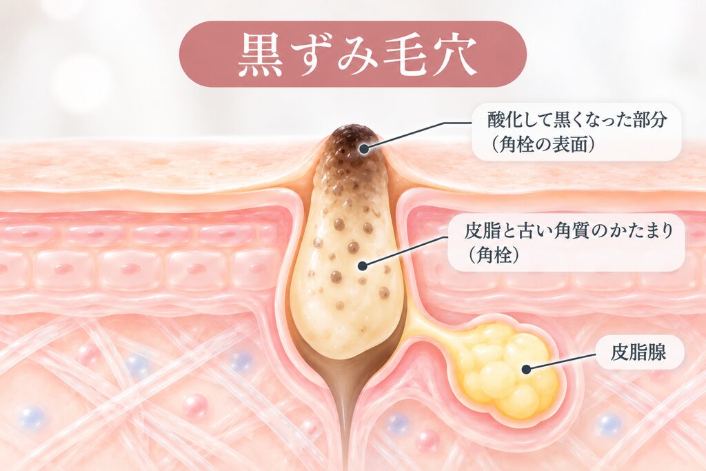 黒ずみ毛穴の状態を肌の断面図で示したシンプルなイラスト。毛穴に皮脂や角栓がたまり、毛穴の入り口が黒く見えている様子を表現している。