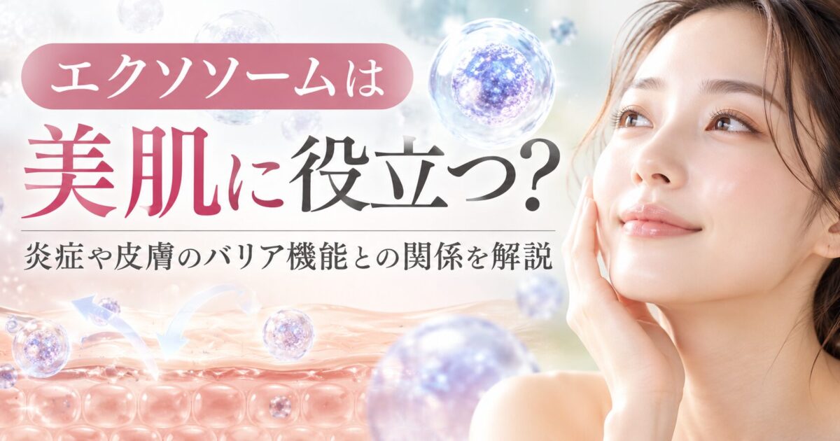 エクソソームと美肌の関係をイメージした美容医療のイラスト。肌の断面とエクソソームを表す微粒子、皮膚のバリア機能をイメージした構造、肌に触れる女性が描かれており、炎症や皮膚のバリア機能との関係を表現している。