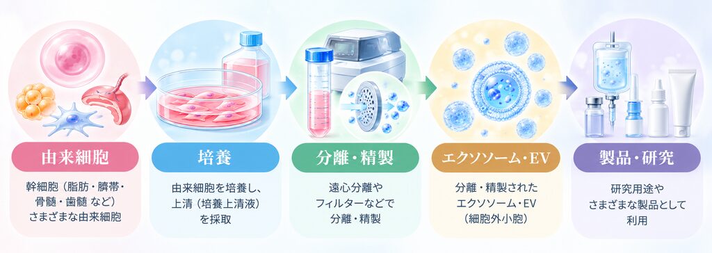 エクソソーム・EVが作られるまでの流れを示した医療イラスト。由来細胞の選択から培養、分離・精製、エクソソーム・EVの取得を経て、研究や製品に利用されるまでの工程を5段階でわかりやすく示している。